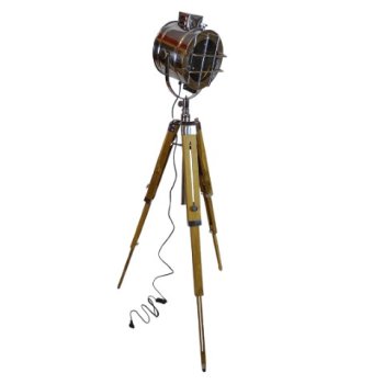 Żeglarska lampa kierunkowa, reflektor podłogowy na drewnianym, marynistycznym trójnogu 180cm