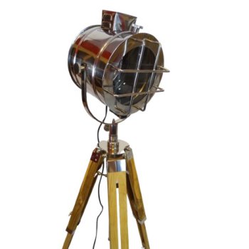 Żeglarska lampa kierunkowa, reflektor podłogowy na drewnianym, marynistycznym trójnogu 180cm