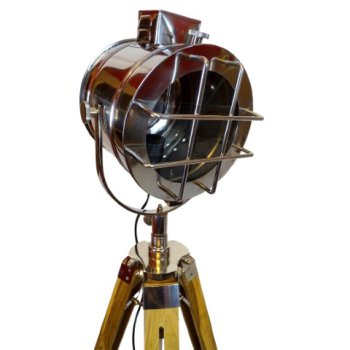 Żeglarska lampa kierunkowa, reflektor podłogowy na drewnianym, marynistycznym trójnogu 180cm