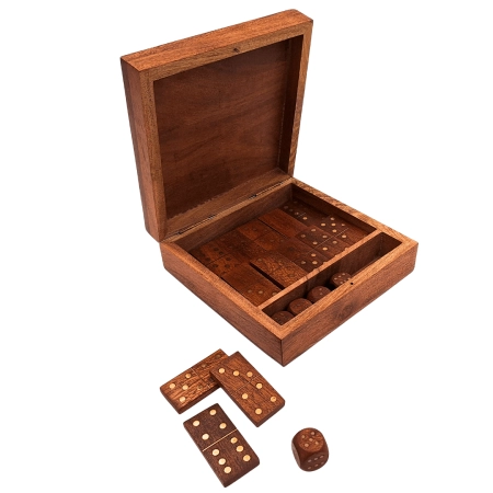 Zestaw Gier - Domino i Kości do Gry w Drewnianym Pudełku - DO-002