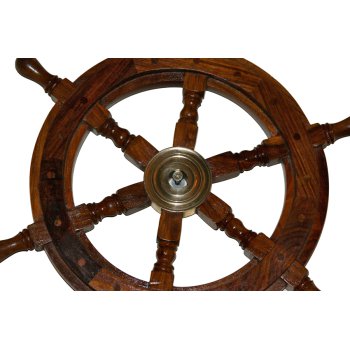 Żeglarskie koło sterowe z drewna 46cm z mosiężną piastą - kapitański symbol dowodzenia, marynistyczna dekoracja