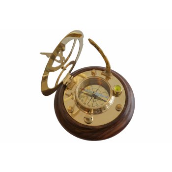 Mosiężny, żeglarski zegar słoneczny z kompasem na drewnianej podstawie - żeglarski prezent, marynistyczna dekoracja