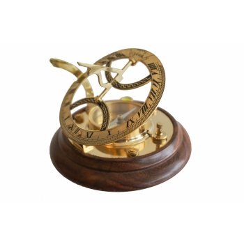 Mosiężny, żeglarski zegar słoneczny z kompasem na drewnianej podstawie - żeglarski prezent, marynistyczna dekoracja