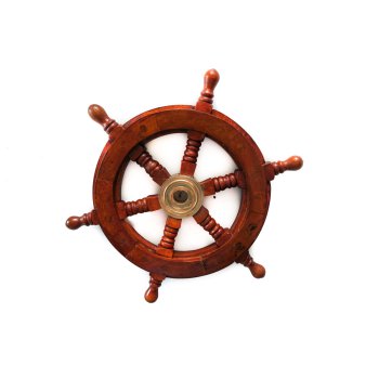Żeglarskie koło sterowe z drewna 33cm z mosiężną piastą - kapitański symbol trzymania steru władzy, marynistyczna dekora