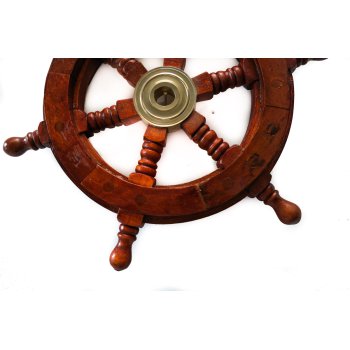 Żeglarskie koło sterowe z drewna 33cm z mosiężną piastą - kapitański symbol trzymania steru władzy, marynistyczna dekoracja